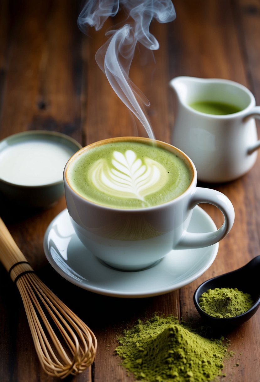 A steaming cup of classic matcha latte surrounded by a bamboo whisk, matcha powder, and a small jug of milk