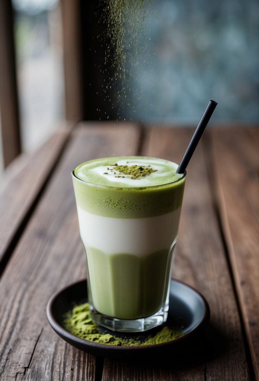 A glass of iced matcha latte sits on a rustic wooden table, garnished with a frothy layer and a sprinkle of matcha powder