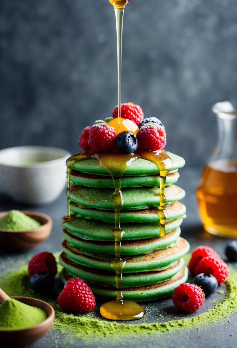 A stack of green matcha-infused pancakes topped with fresh berries and drizzled with honey, surrounded by a scattering of loose matcha powder