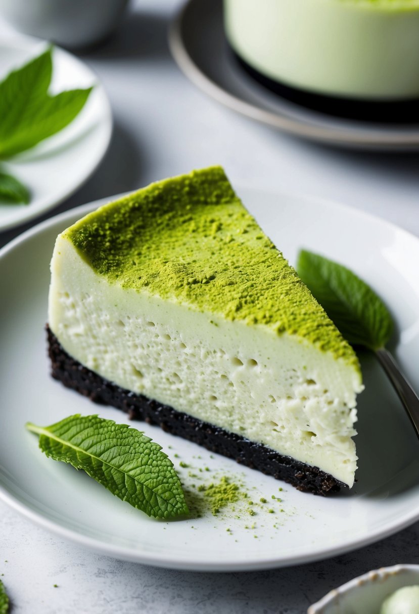 A slice of creamy matcha cheesecake with a dusting of matcha powder on a white plate, surrounded by a few scattered matcha leaves