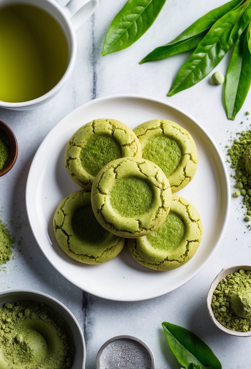 A plate of Matcha Green Tea Cookies surrounded by loose matcha powder and fresh green tea leaves