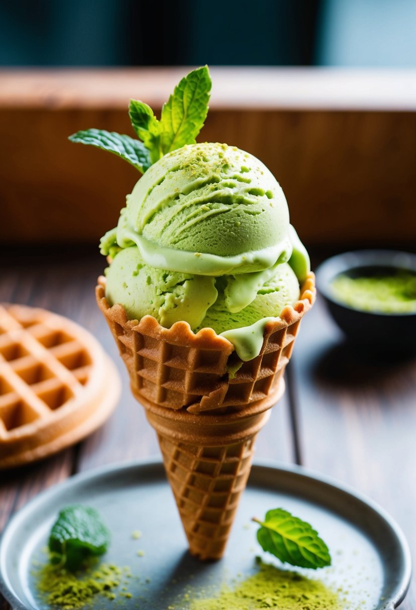 A scoop of vibrant green vegan matcha ice cream sits on a waffle cone, garnished with a sprinkle of matcha powder and a few fresh mint leaves