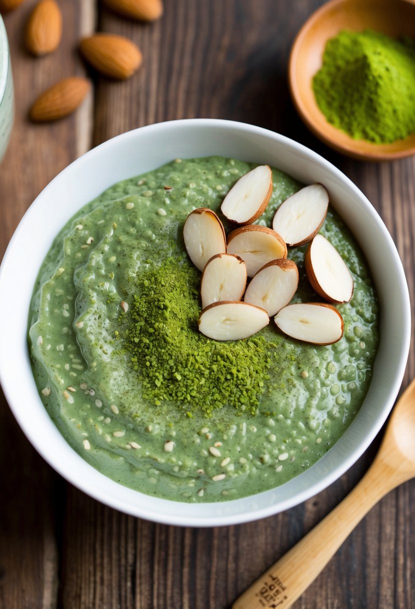 A bowl of matcha chia seed pudding topped with sliced almonds and a sprinkle of matcha powder, placed on a wooden table with a bamboo spoon beside it