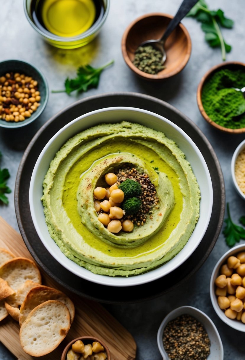 A bowl of green matcha hummus surrounded by a variety of savory ingredients like chickpeas, olive oil, and spices