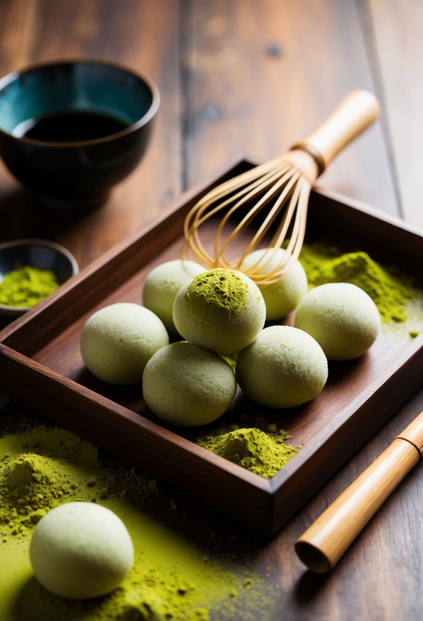 A wooden tray holds several matcha mochi balls surrounded by matcha powder and a bamboo whisk