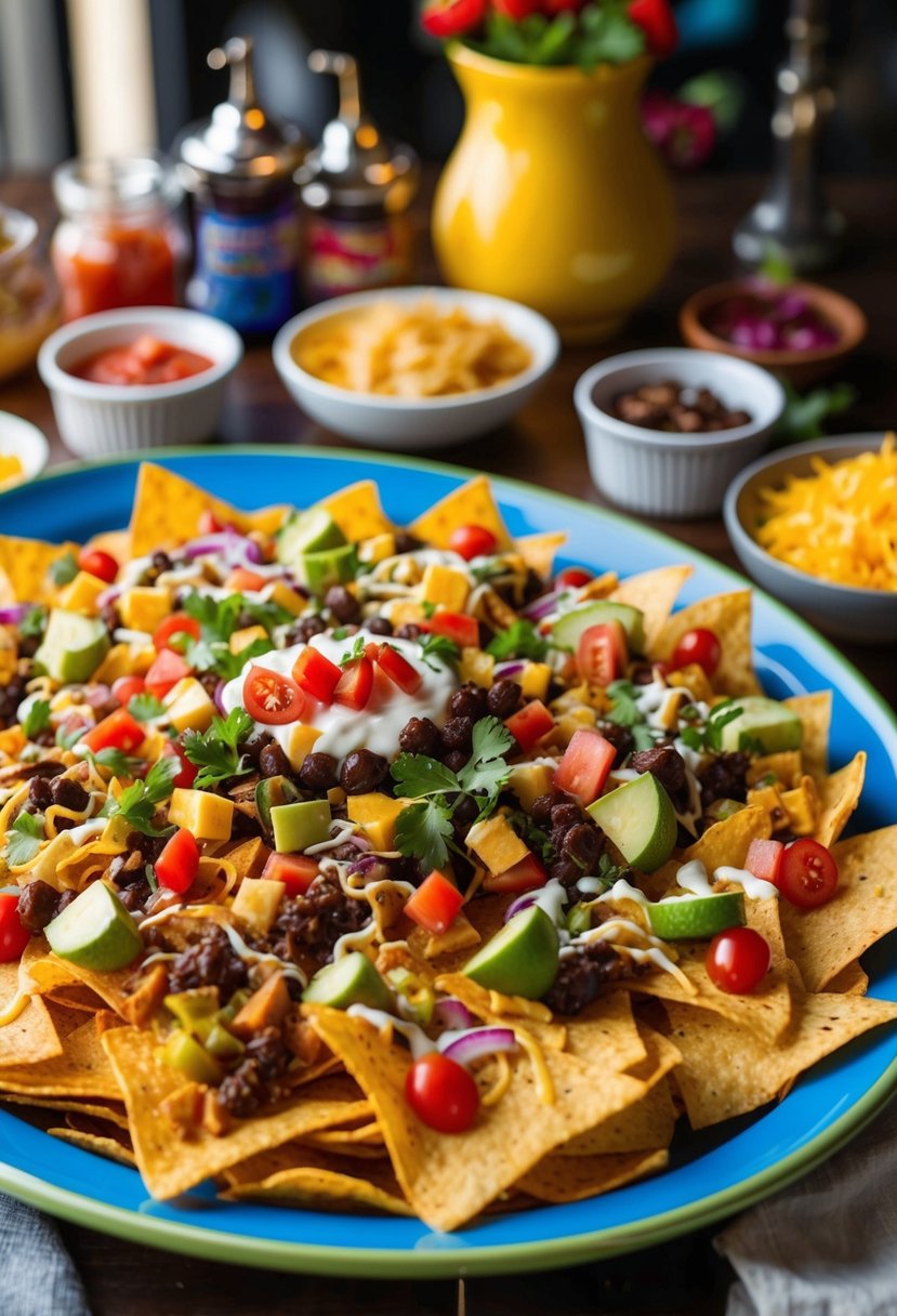 A colorful spread of nachos with various toppings on a large platter