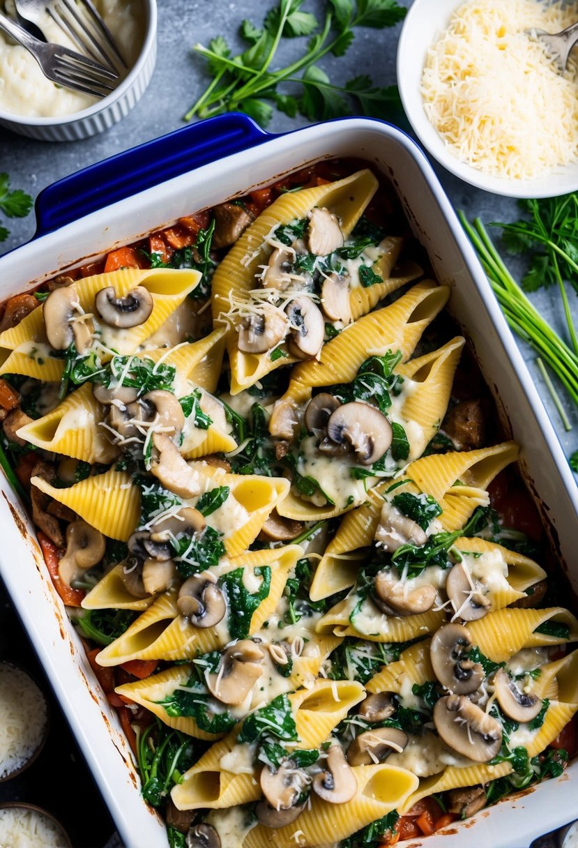 A baking dish filled with stuffed pasta shells, topped with a creamy mushroom and spinach sauce, surrounded by fresh herbs and grated cheese