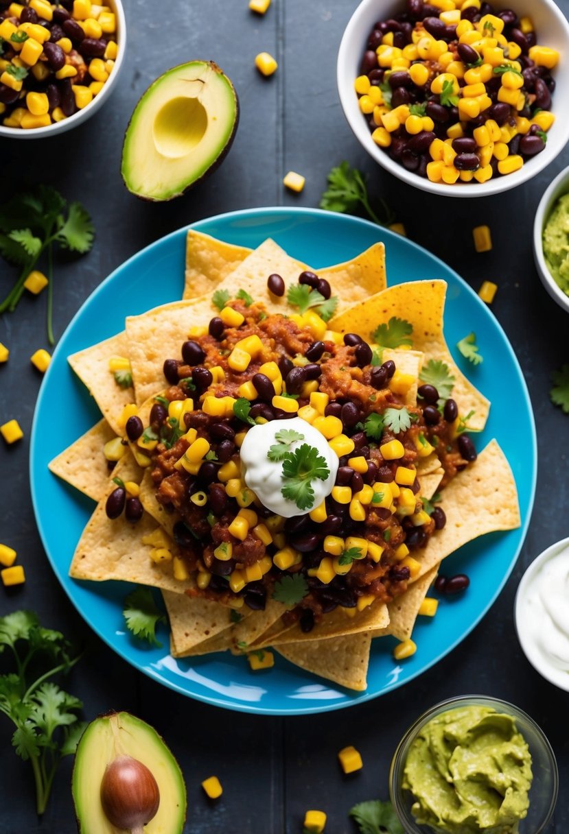 A plate of loaded nachos topped with black beans and corn salsa, surrounded by colorful ingredients and a side of guacamole and sour cream