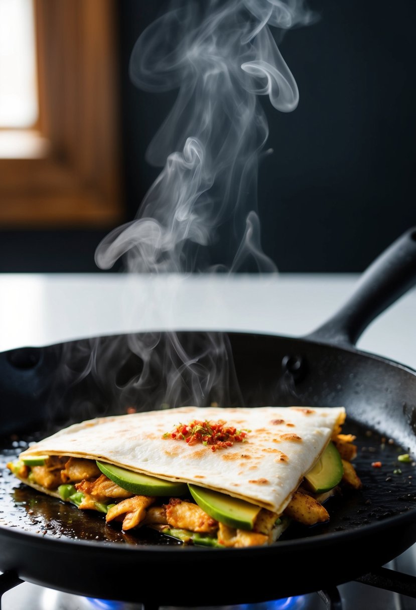 A sizzling chicken and avocado quesadilla being cooked on a hot skillet, with steam rising and a sprinkle of spicy seasoning