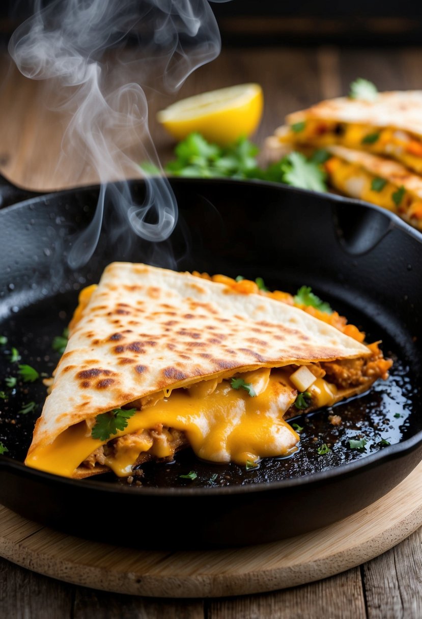 A sizzling skillet holds a golden-brown Monterey Jack & Pico Quesadilla chicken quesadilla, with steam rising and melted cheese oozing out