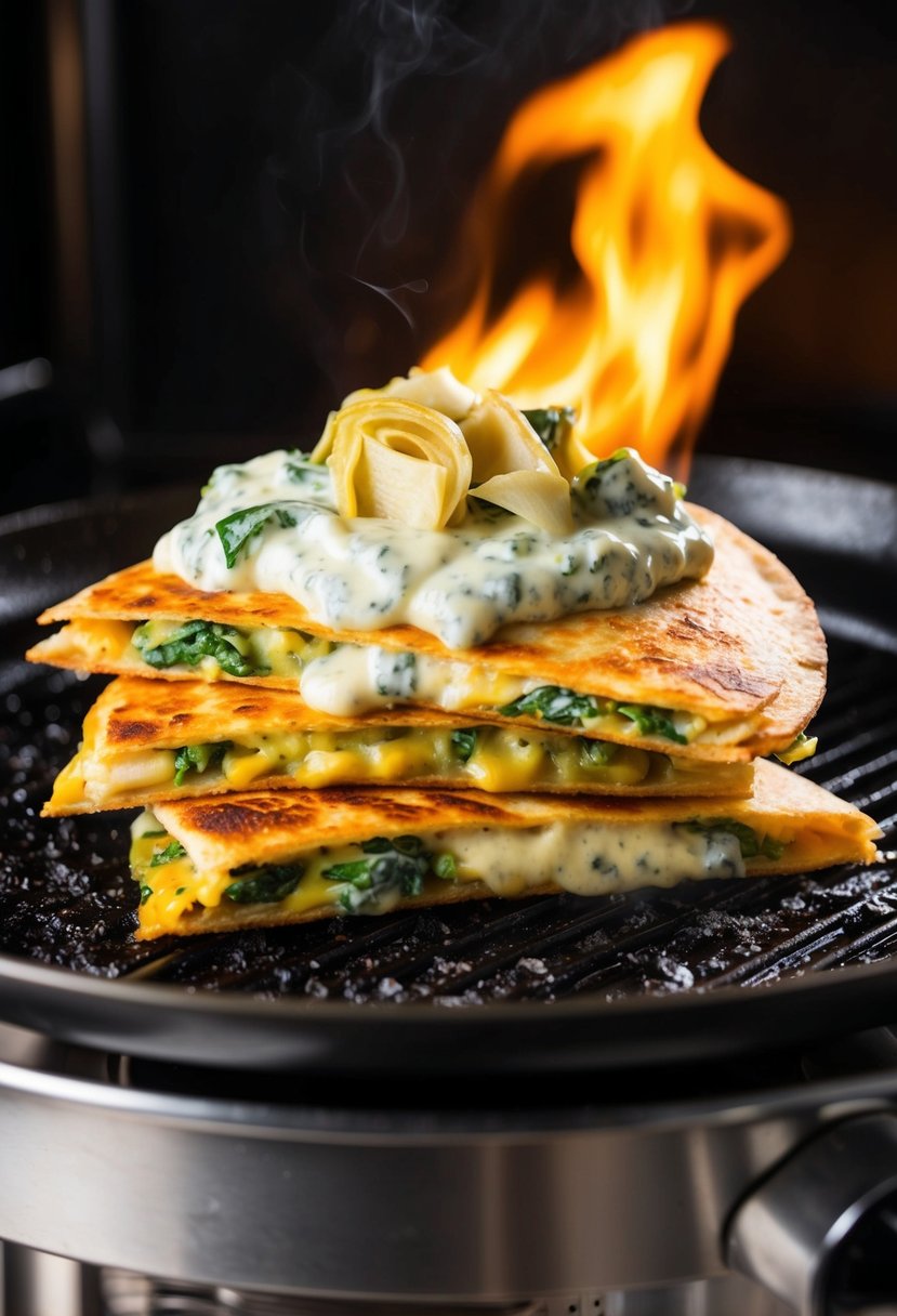 A sizzling chicken quesadilla topped with creamy spinach and artichoke dip, bubbling and golden brown under the broiler