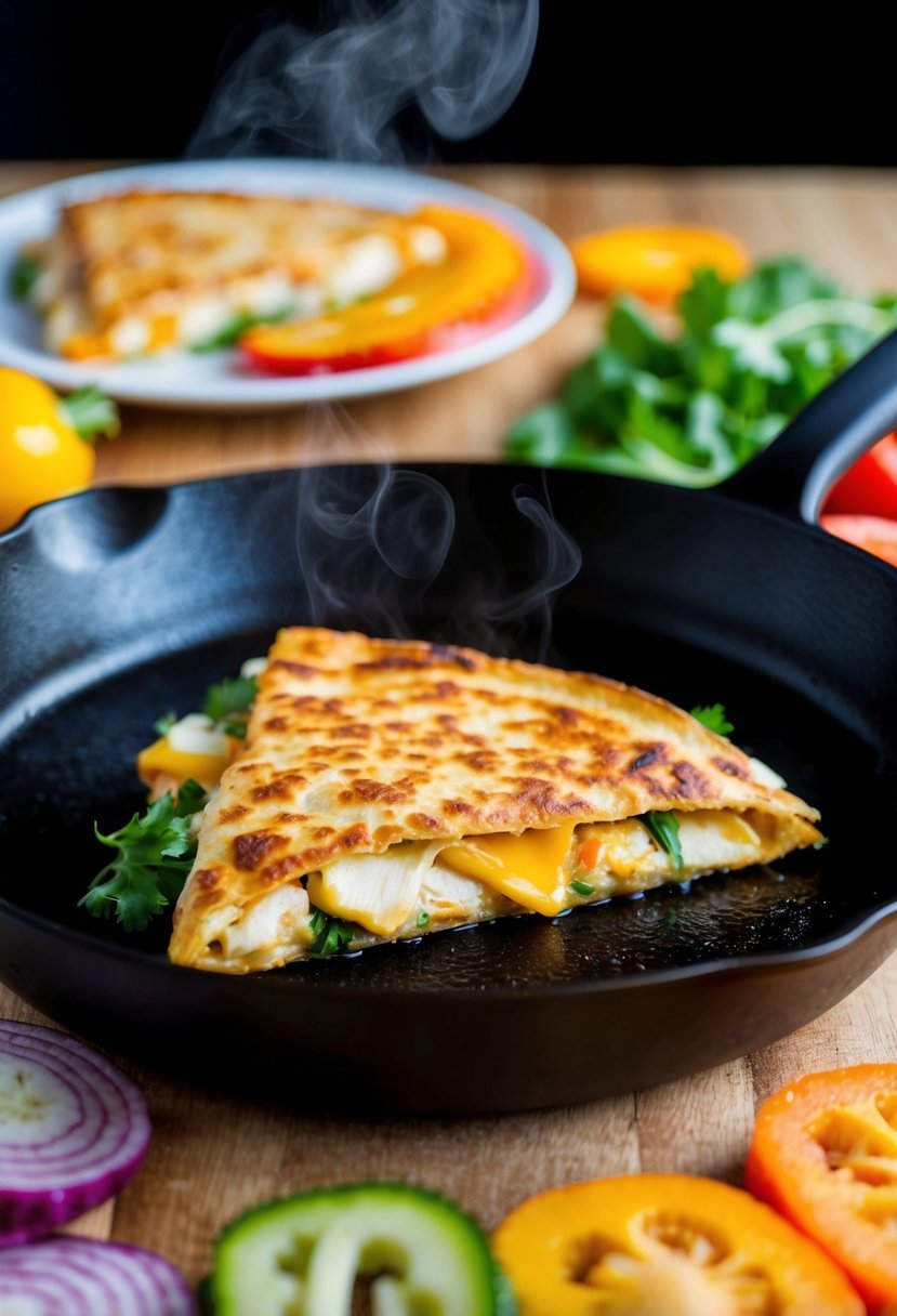 A sizzling hot skillet with a golden-brown chicken and cheese quesadilla, steam rising, surrounded by colorful slices of fresh vegetables