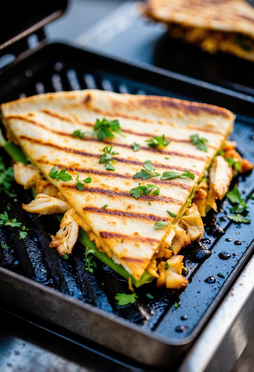 A sizzling grilled chicken quesadilla sizzling on a hot griddle, with aromatic herbs sprinkled on top