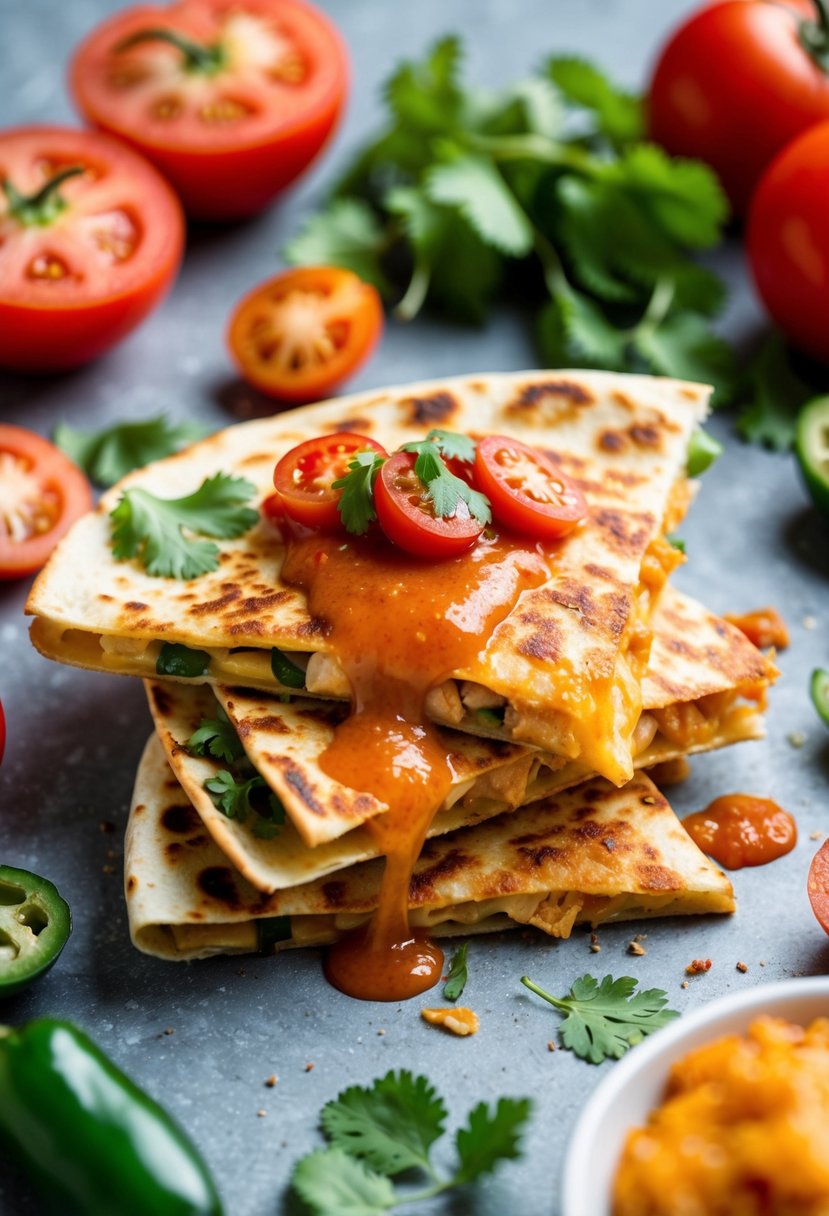 A sizzling chicken quesadilla topped with spicy hot sauce and melted cheese, surrounded by colorful ingredients like tomatoes, cilantro, and jalapeños