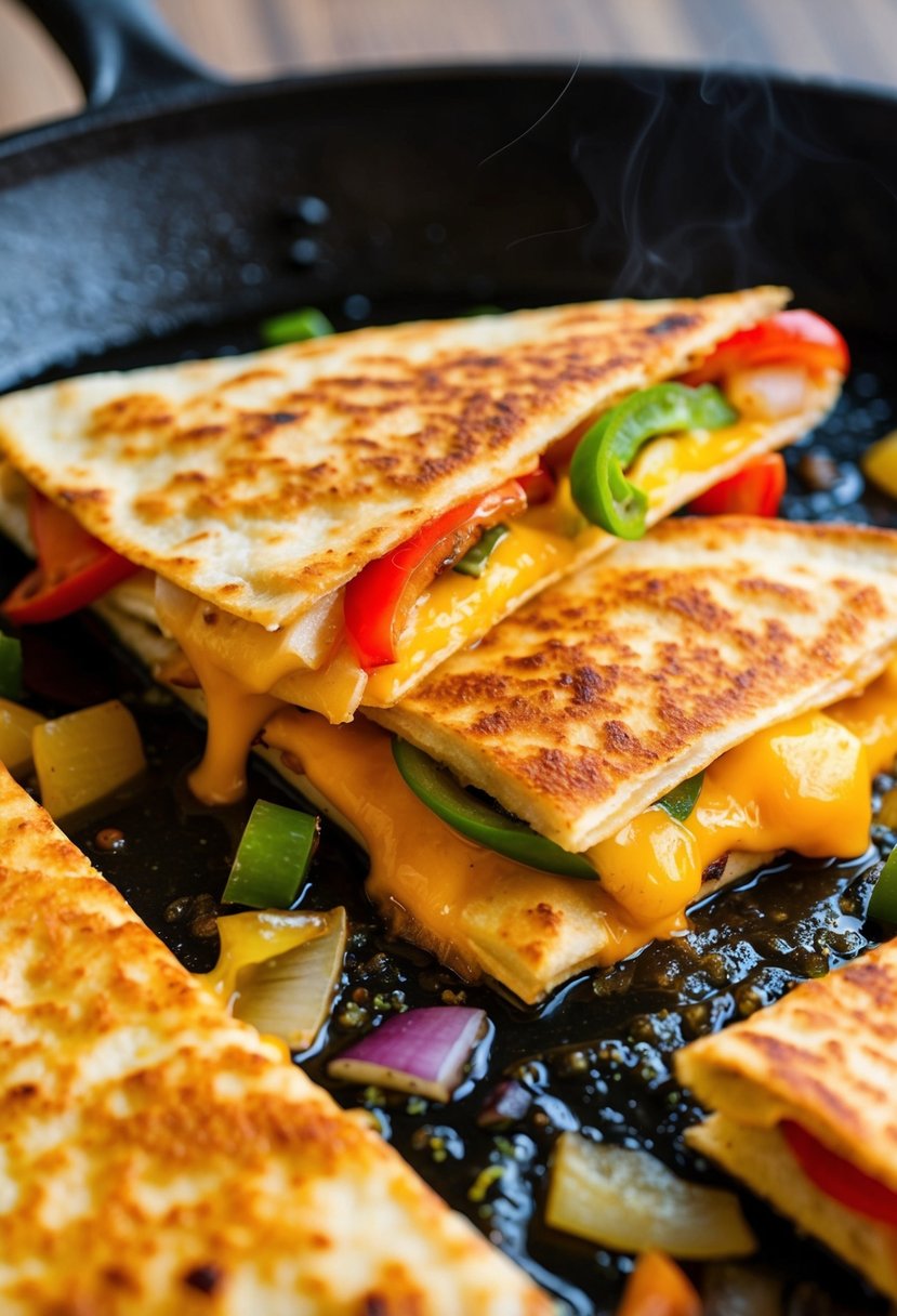 A sizzling skillet with golden-brown chicken quesadillas, bubbling cheese, and colorful peppers and onions