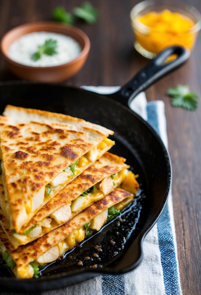 A sizzling golden brown chicken quesadilla on a hot skillet