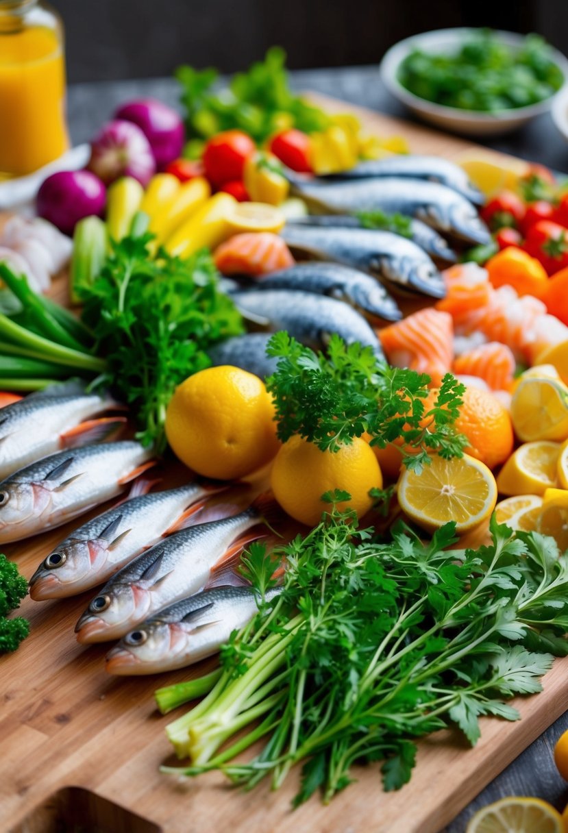 A colorful array of fresh seafood, vibrant vegetables, and aromatic herbs laid out on a wooden cutting board