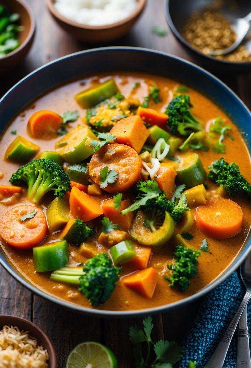 A colorful array of vegetables simmering in a rich and fragrant Massaman curry sauce, with aromatic spices and creamy coconut milk