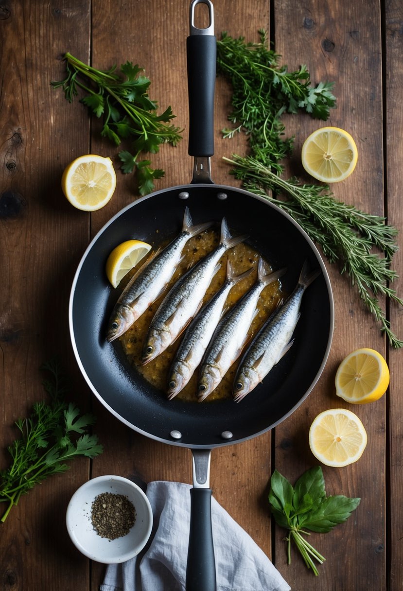 A sizzling pan with golden-brown pan-fried sardines, surrounded by fresh herbs and lemon wedges on a rustic wooden table