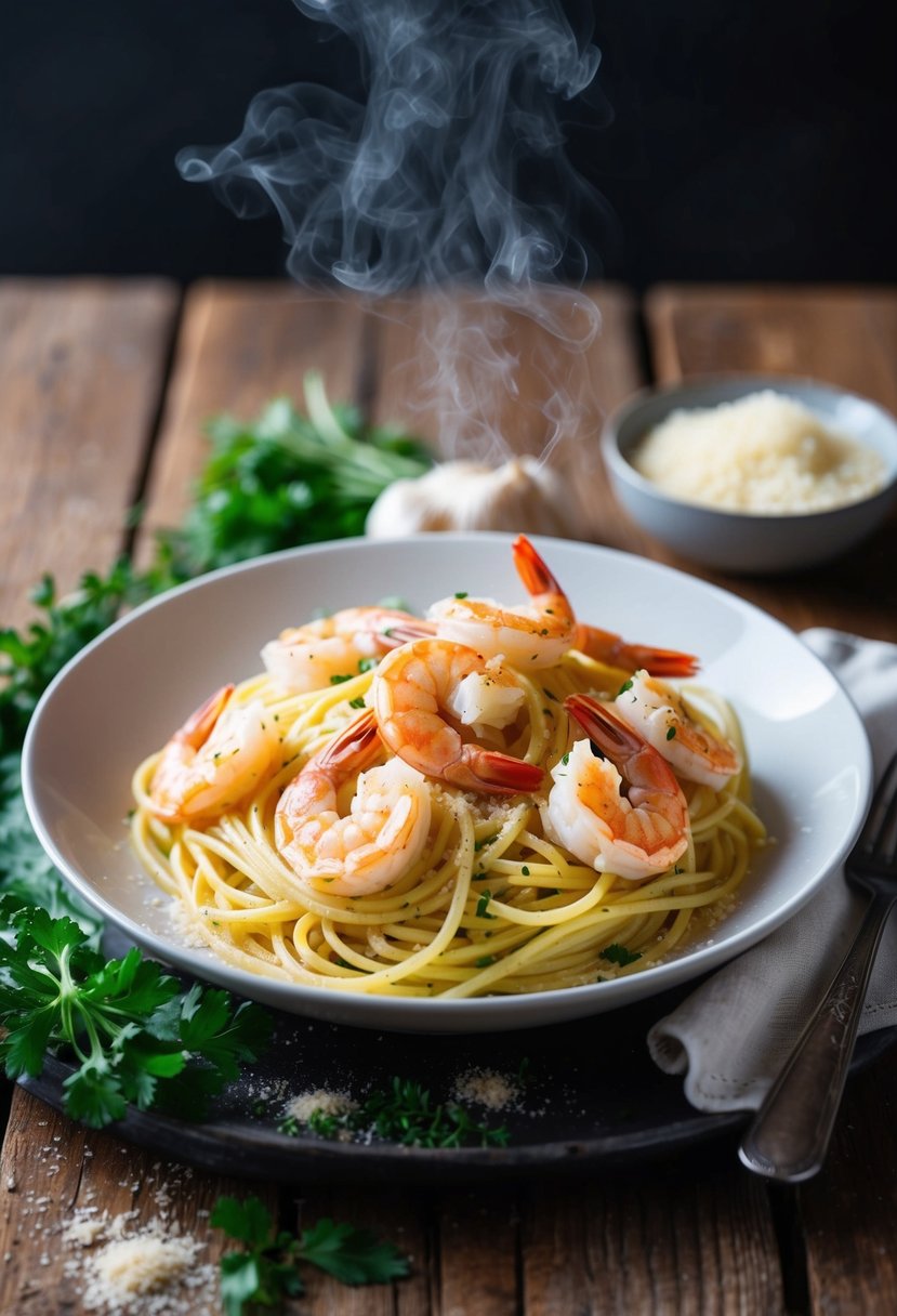 A steaming plate of garlic prawn pasta sits on a rustic wooden table, surrounded by fresh herbs and a sprinkle of parmesan cheese