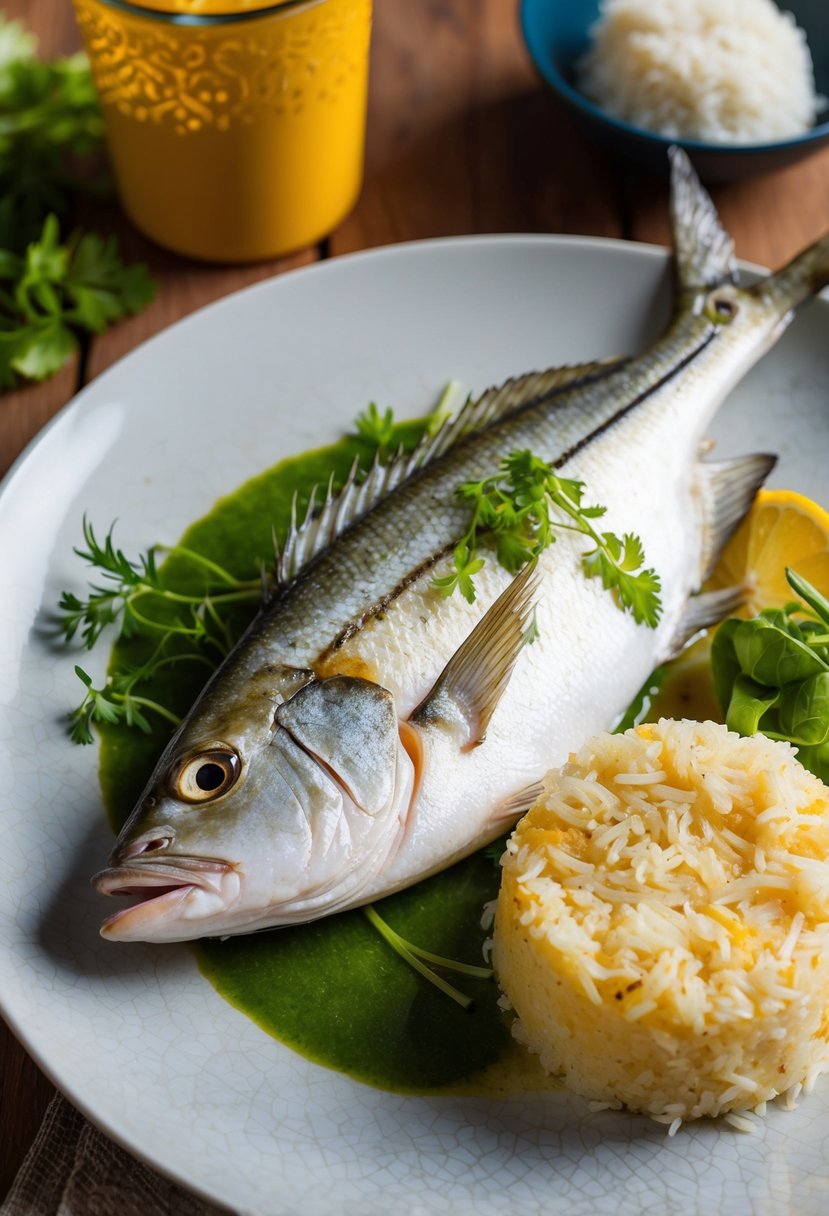 A plate of baked trevally fish with a side of sticky coconut rice, garnished with fresh herbs and served on a wooden table