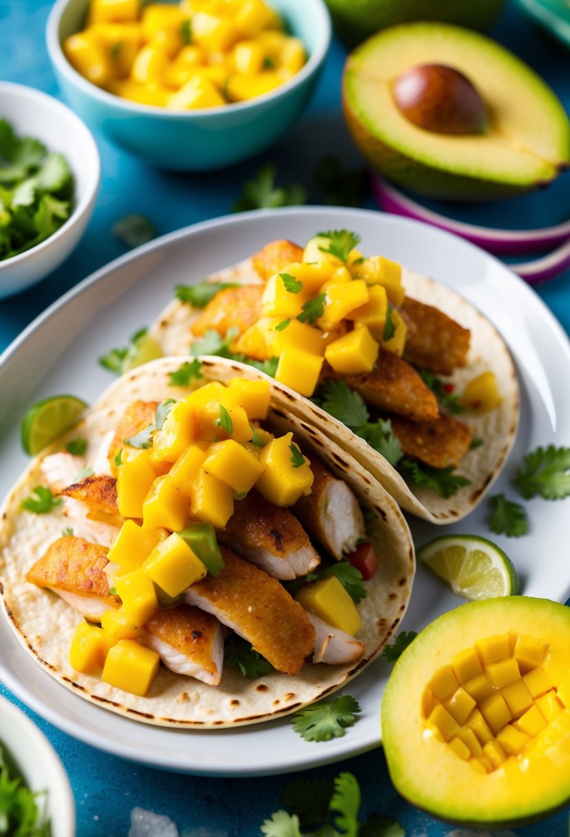 A plate of fish tacos topped with vibrant mango salsa, surrounded by colorful ingredients and garnishes