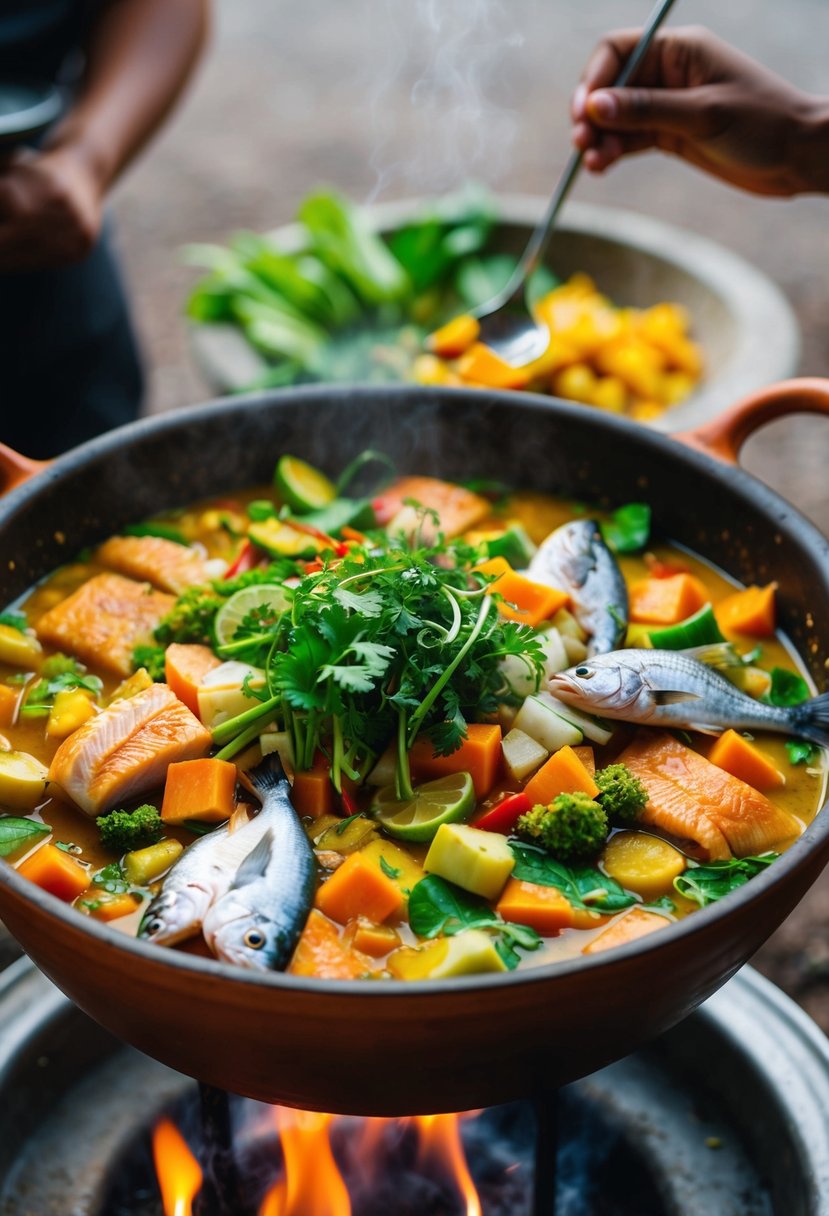 A colorful array of fresh vegetables, fish, and coconut milk simmering in a large clay pot over an open flame