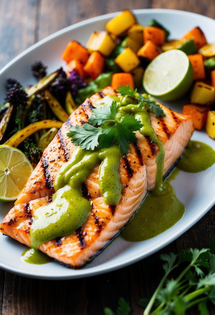 A plate of grilled salmon drizzled with chili lime sauce, garnished with fresh herbs and lime wedges, served alongside a colorful array of roasted vegetables