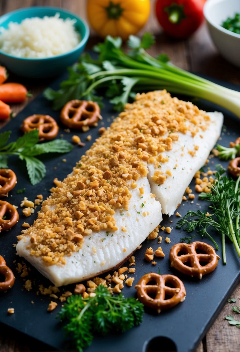 A catfish fillet coated in crushed pretzels, surrounded by a variety of fresh vegetables and herbs on a cutting board