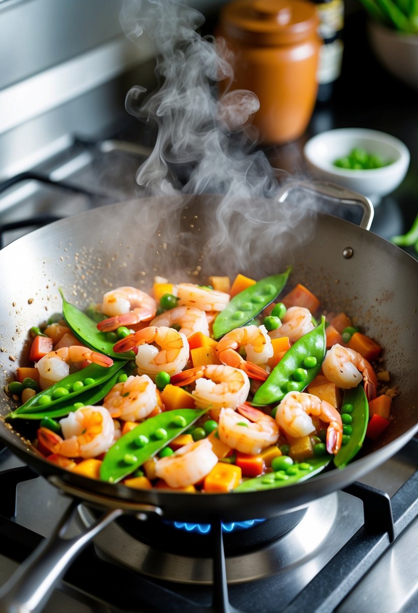 A sizzling wok filled with shrimp, snow peas, and colorful vegetables, surrounded by aromatic steam and the glow of a kitchen stove