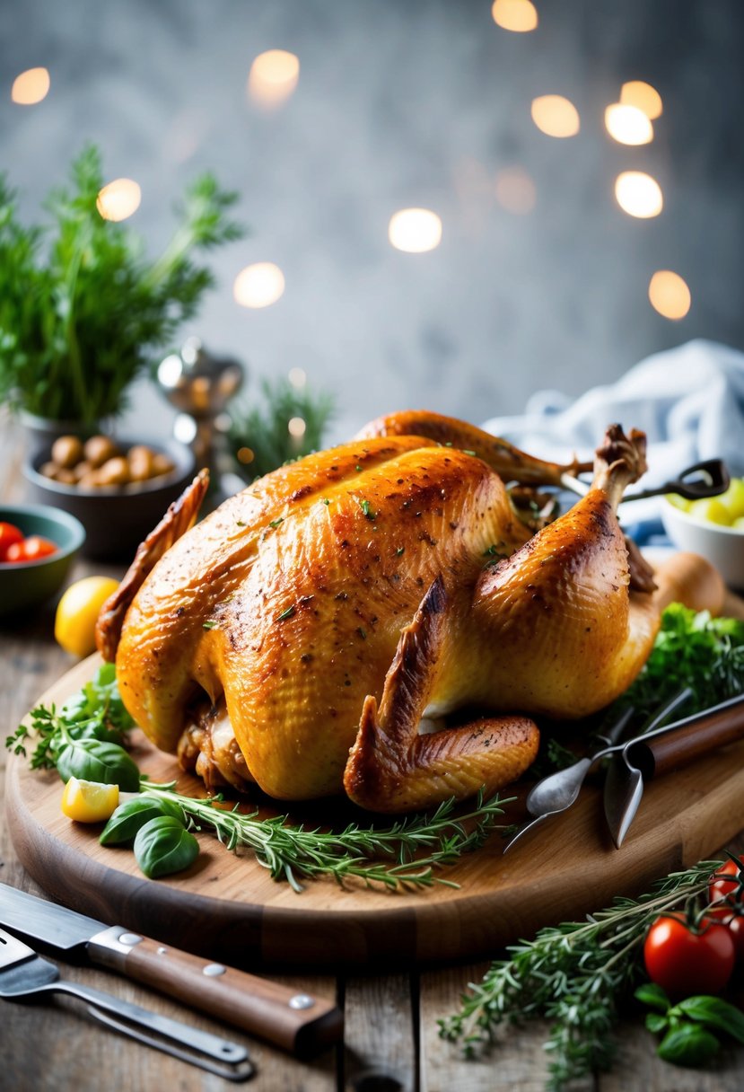 A rotisserie chicken surrounded by fresh herbs, vegetables, and kitchen utensils on a wooden cutting board