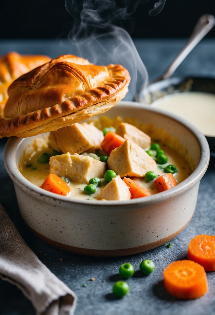 A steaming chicken pot pie with golden puff pastry, filled with chunks of rotisserie chicken, carrots, peas, and creamy sauce in a rustic ceramic dish