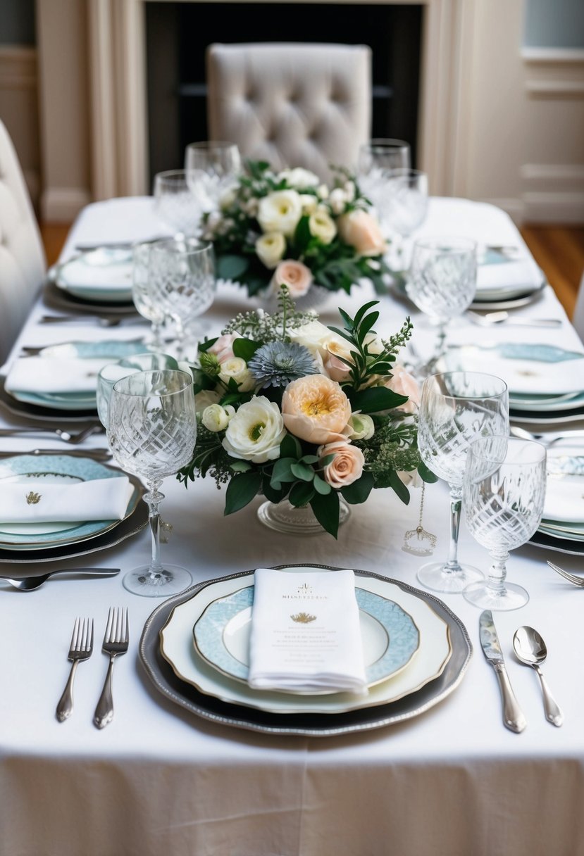 A beautifully set dining table with fine china, crystal glassware, and a floral centerpiece. Silver cutlery and linen napkins complete the elegant setting