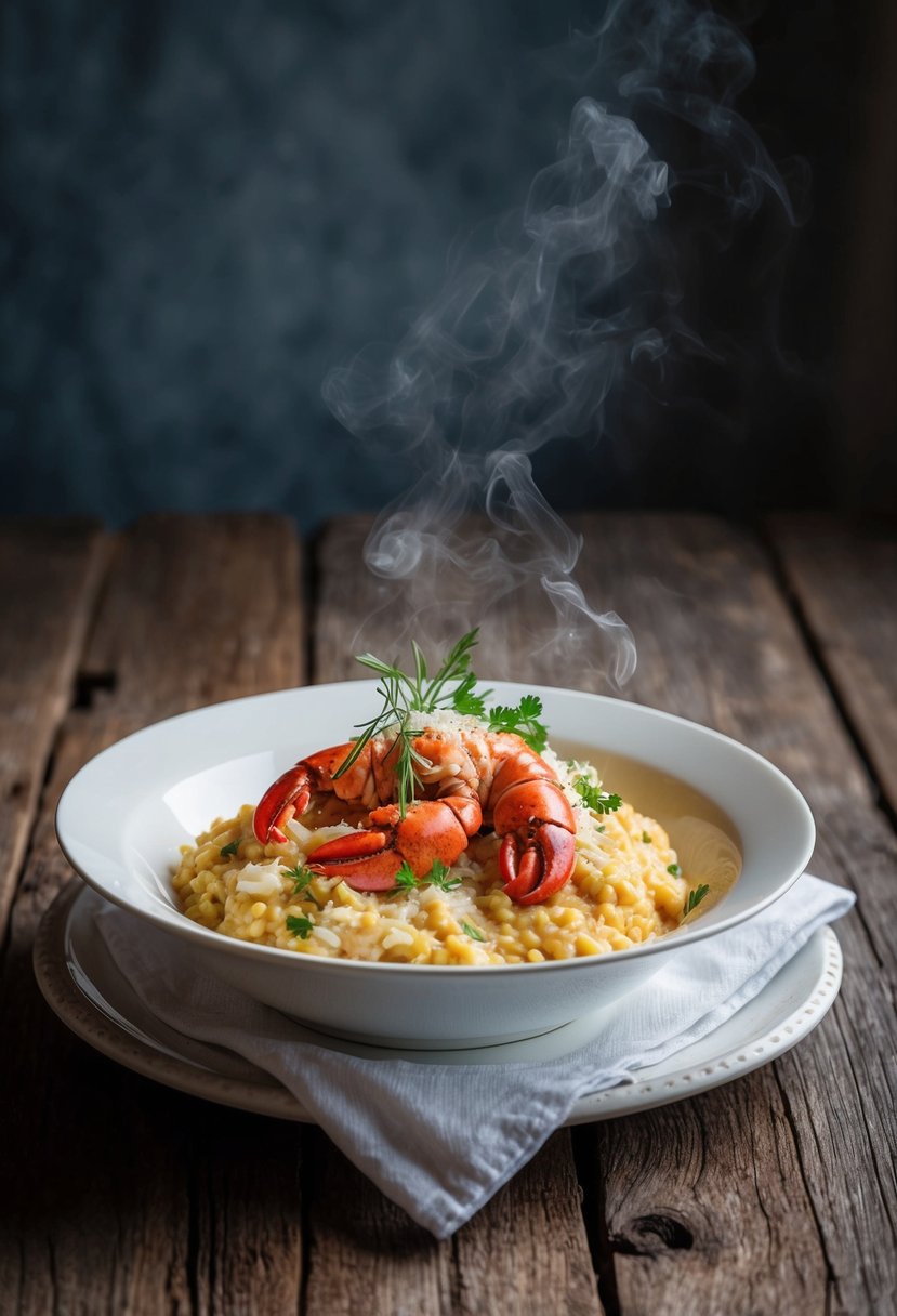 A steaming plate of lobster risotto with Parmesan, garnished with fresh herbs, sits on a white porcelain dish atop a rustic wooden table