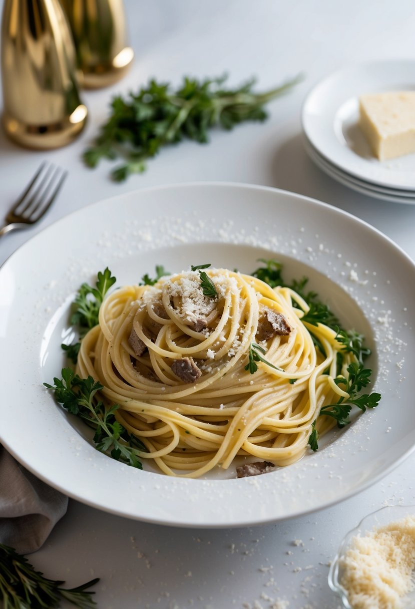 A steaming plate of Silky Truffle Alfredo Pasta surrounded by fresh herbs and a sprinkle of parmesan cheese on a white, elegant dinnerware