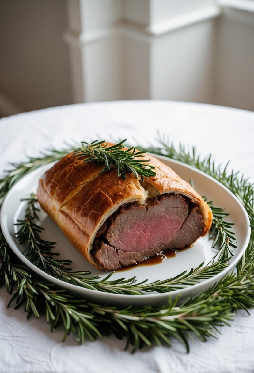 A platter of Beef Wellington surrounded by sprigs of fresh rosemary on a white tablecloth