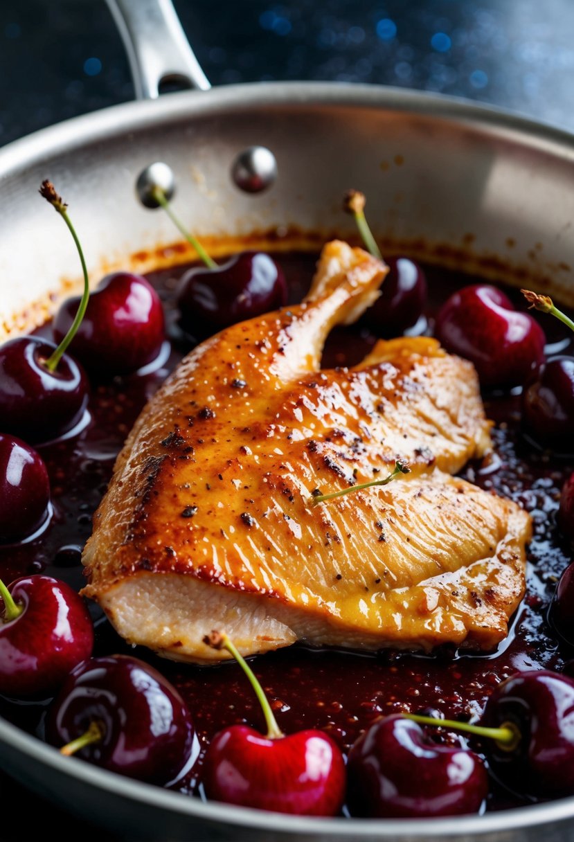 A sizzling duck breast searing in a hot pan, surrounded by fresh cherries and a rich, glossy cherry sauce