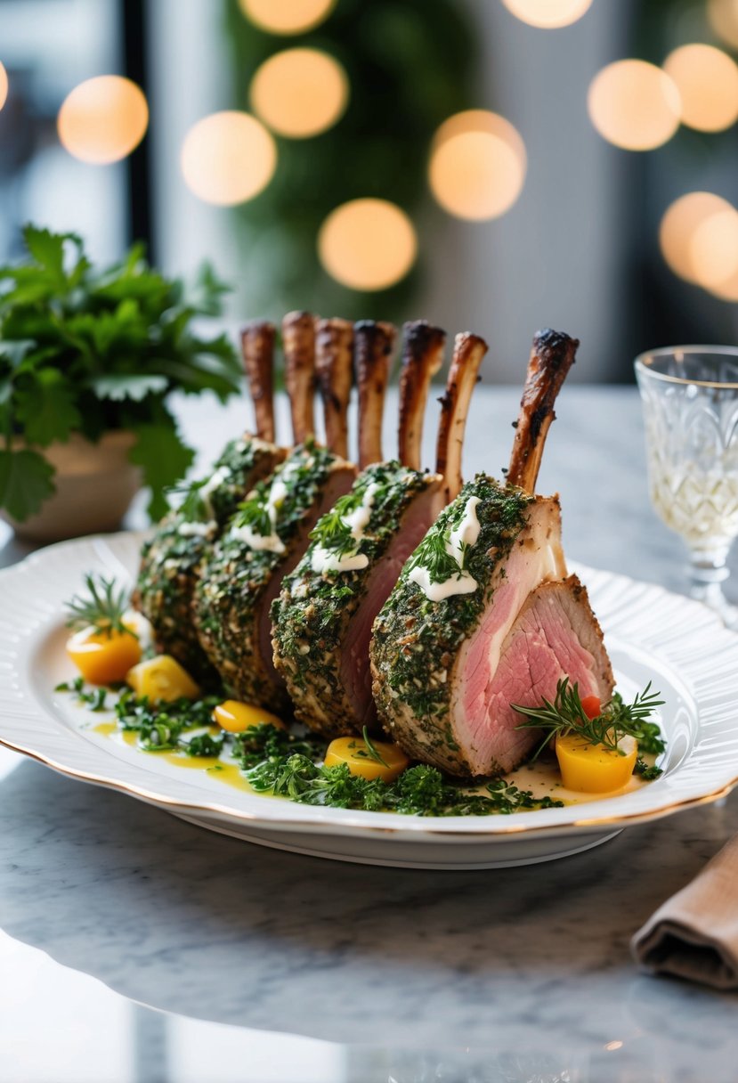 A beautifully plated herb-crusted rack of lamb with garnishes on a white porcelain dish