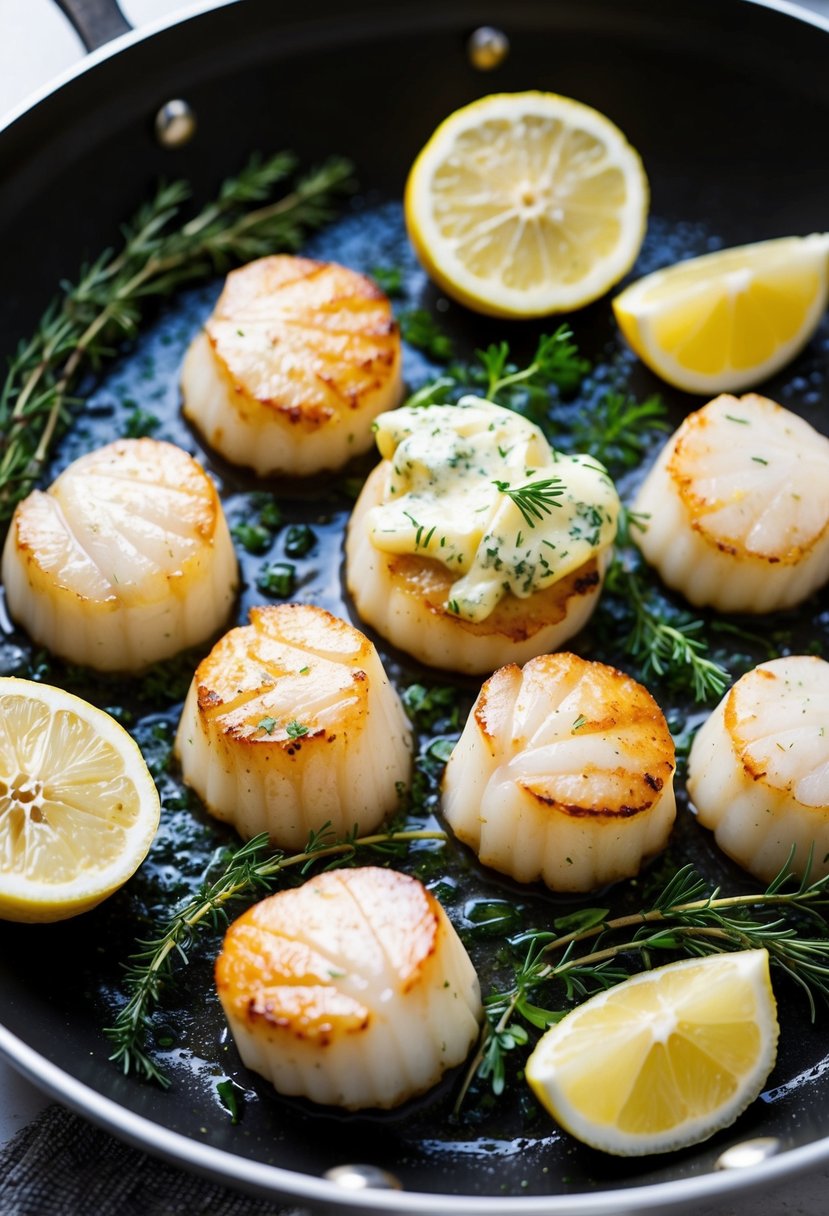 Seared scallops sizzling in a pan, surrounded by sprigs of fresh herbs and wedges of lemon, with a dollop of melted herb butter on top