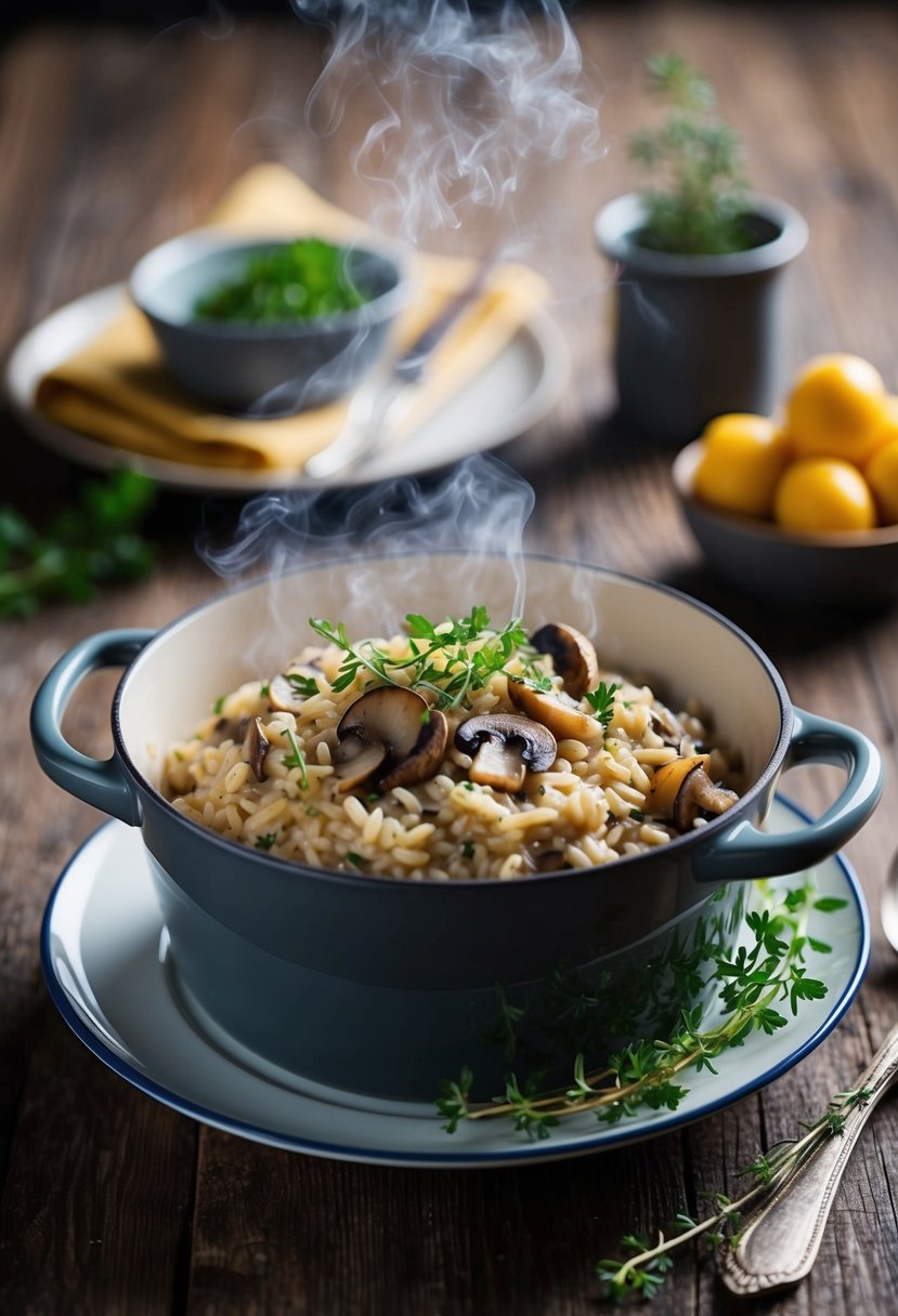 A steaming pot of wild mushroom risotto with thyme, garnished with fresh herbs, sits on a rustic wooden table