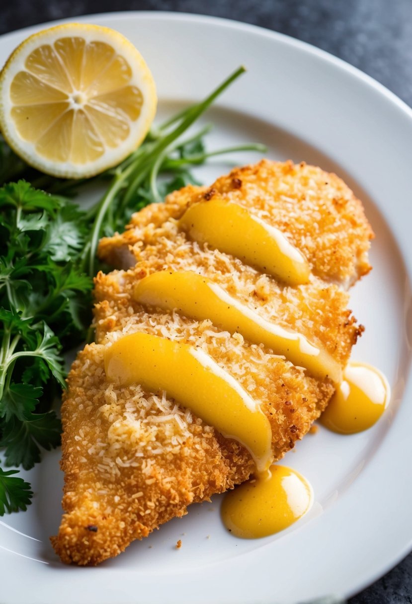 A golden-brown panko breaded chicken breast drizzled with dijon sauce on a pristine white plate, surrounded by vibrant herbs and a lemon wedge