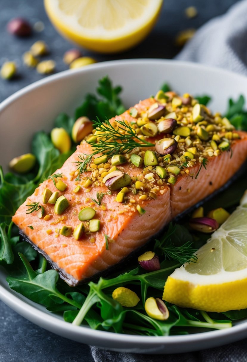 A piece of salmon coated in crushed pistachios and dill, sitting on a bed of greens, with a lemon wedge on the side