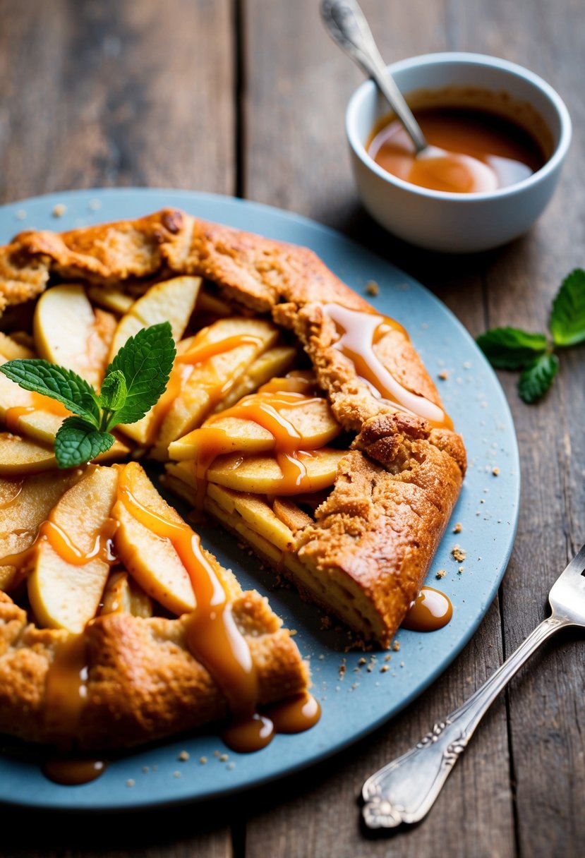 A golden-brown apple galette sits on a rustic wooden table, drizzled with a rich caramel sauce and garnished with a sprig of fresh mint