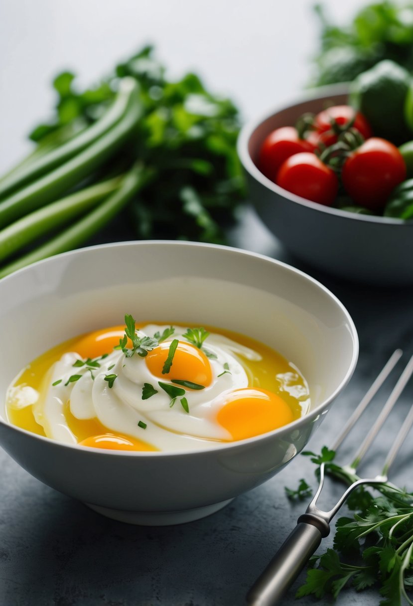 A bowl of whipped egg whites with fresh herbs and vegetables ready for cooking