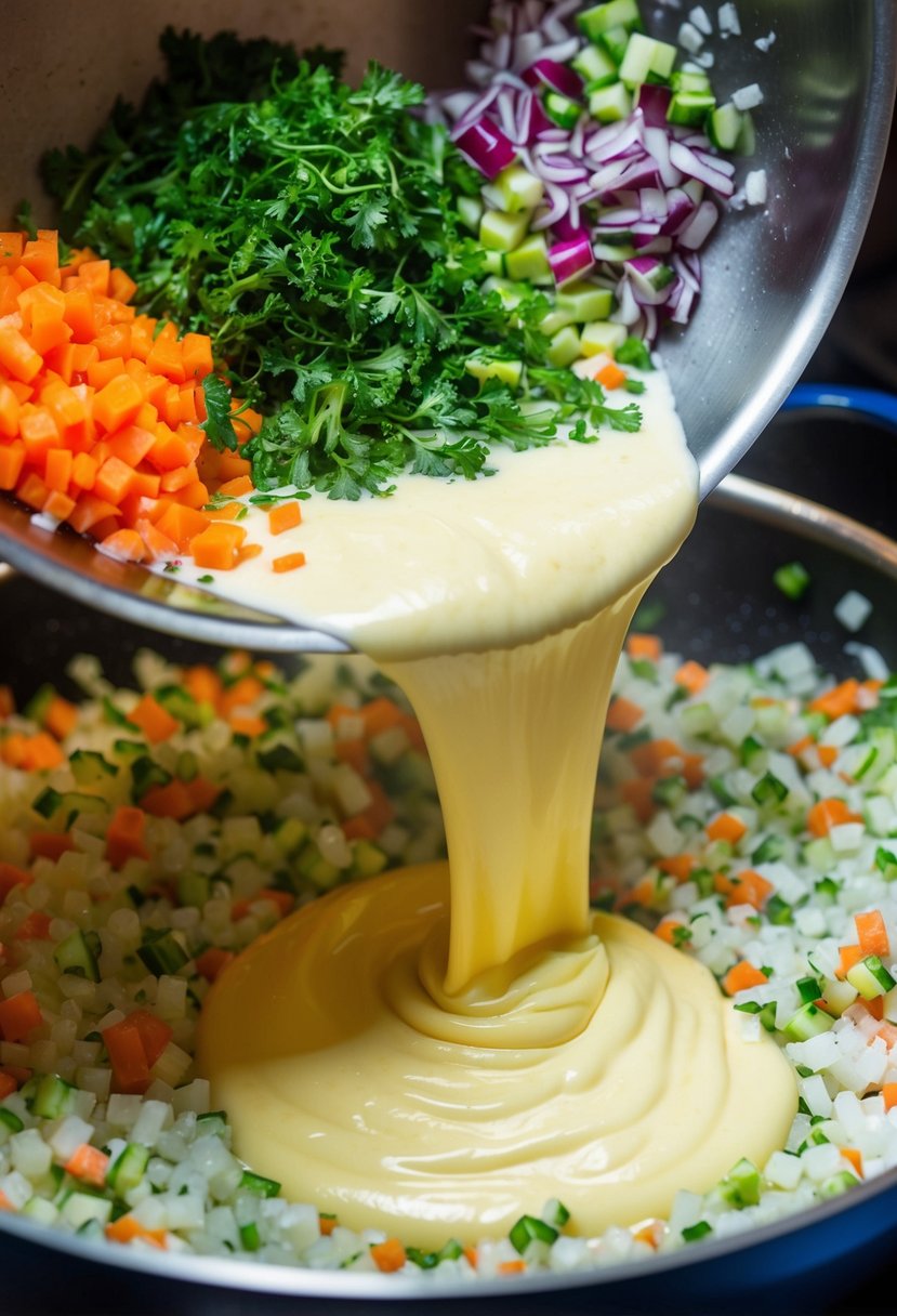 A colorful array of chopped vegetables being mixed into a fluffy egg white mixture in a large bowl, ready to be poured into a sizzling skillet