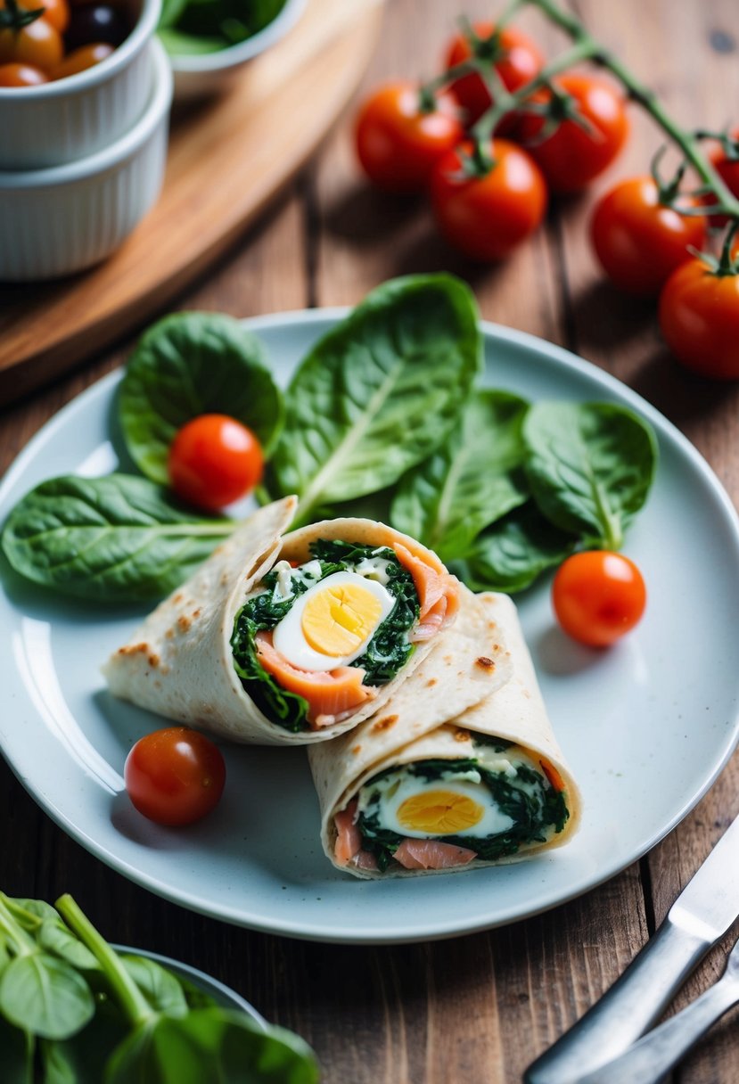 A plate of smoked salmon and spinach egg white wraps on a wooden table, surrounded by fresh ingredients like spinach leaves and cherry tomatoes