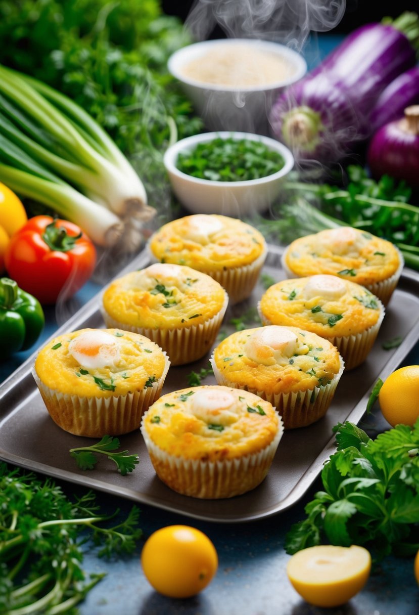 A colorful array of fresh vegetables and herbs surround a tray of golden-brown egg white muffins, steaming and protein-packed