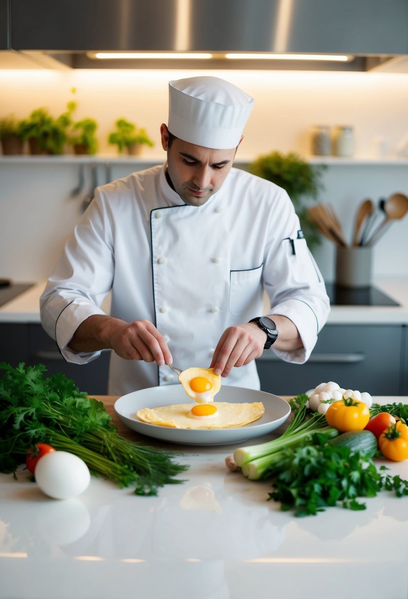 A chef prepares a low-sodium egg white omelette, surrounded by fresh vegetables and herbs, on a clean, modern kitchen counter