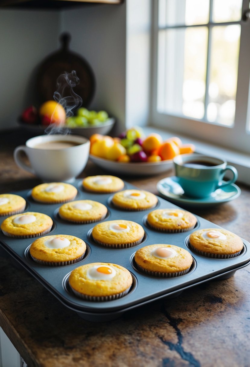 A rustic kitchen counter with a tray of freshly baked egg white breakfast muffins, surrounded by colorful fruits and a steaming cup of coffee