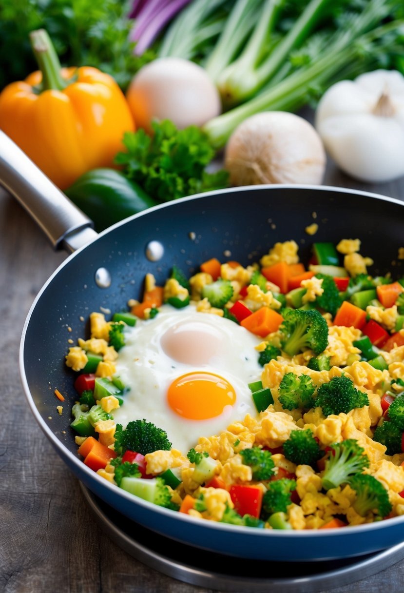 A colorful array of fresh garden vegetables being mixed into a fluffy egg white scramble in a sizzling pan